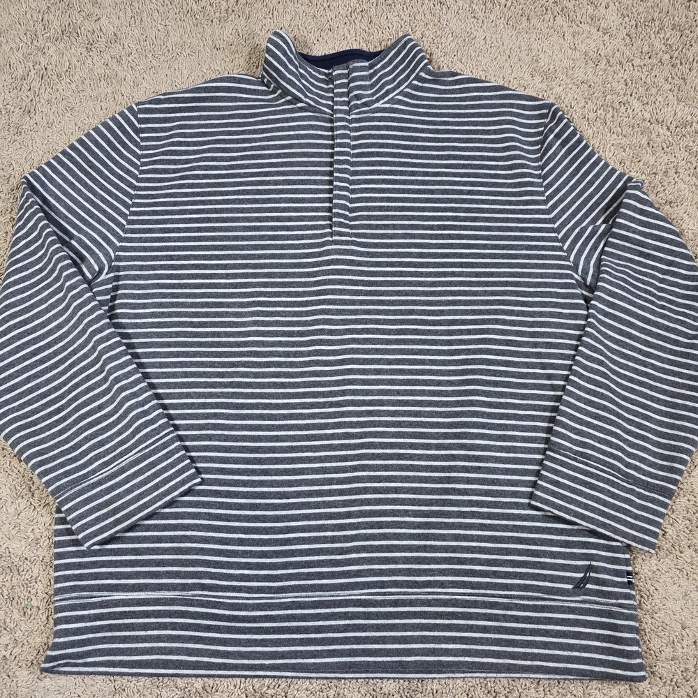 Nautica Men's Grey and White Striped 3/4 Zip-Up Sweater Size XXL